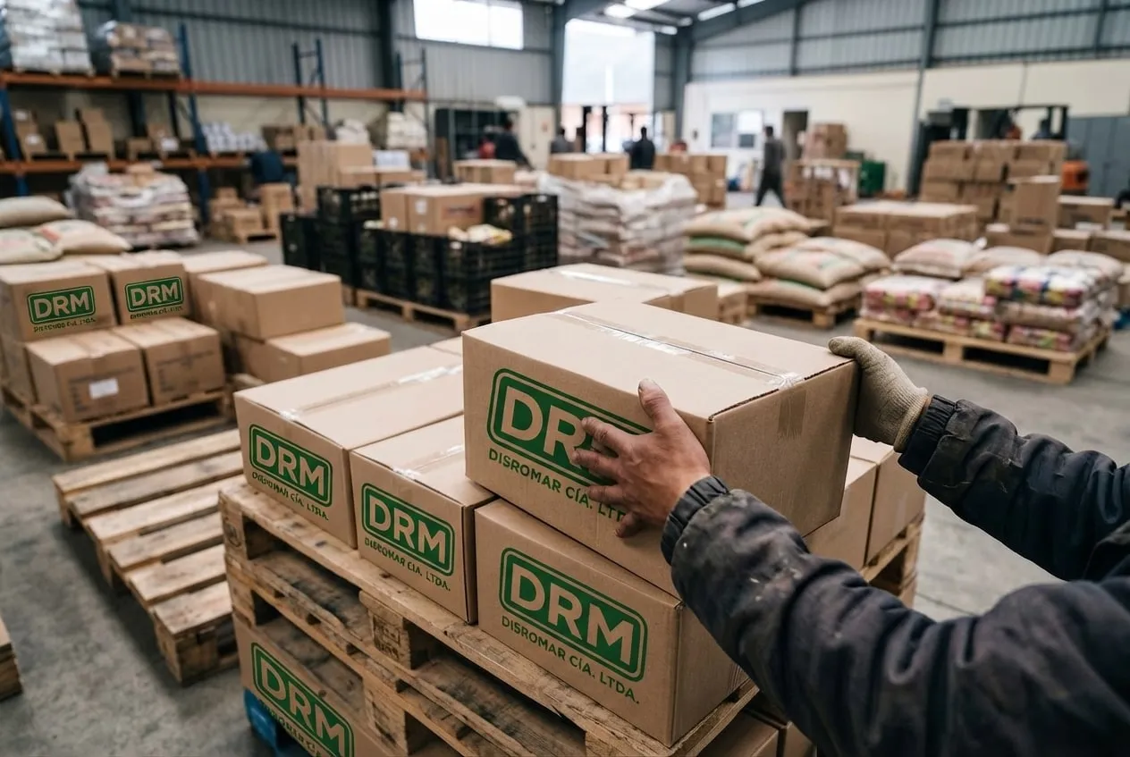 Colaborador manipulando cajas impresas con el sello de Disromar Cía. Ltda. en bodega